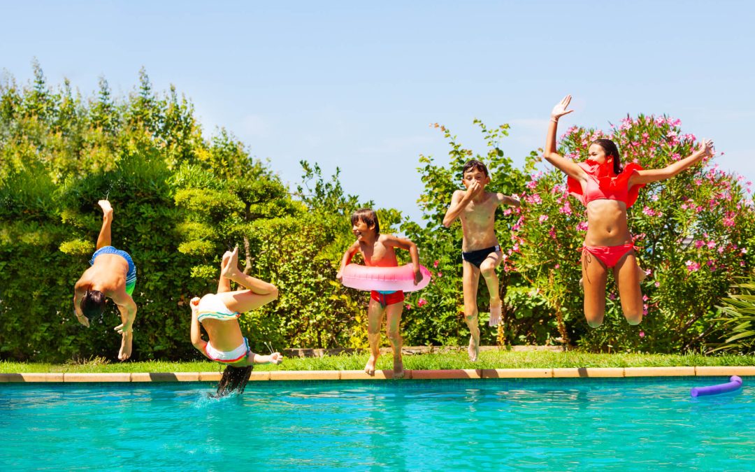 boys and girls playing pool games, jumping into water